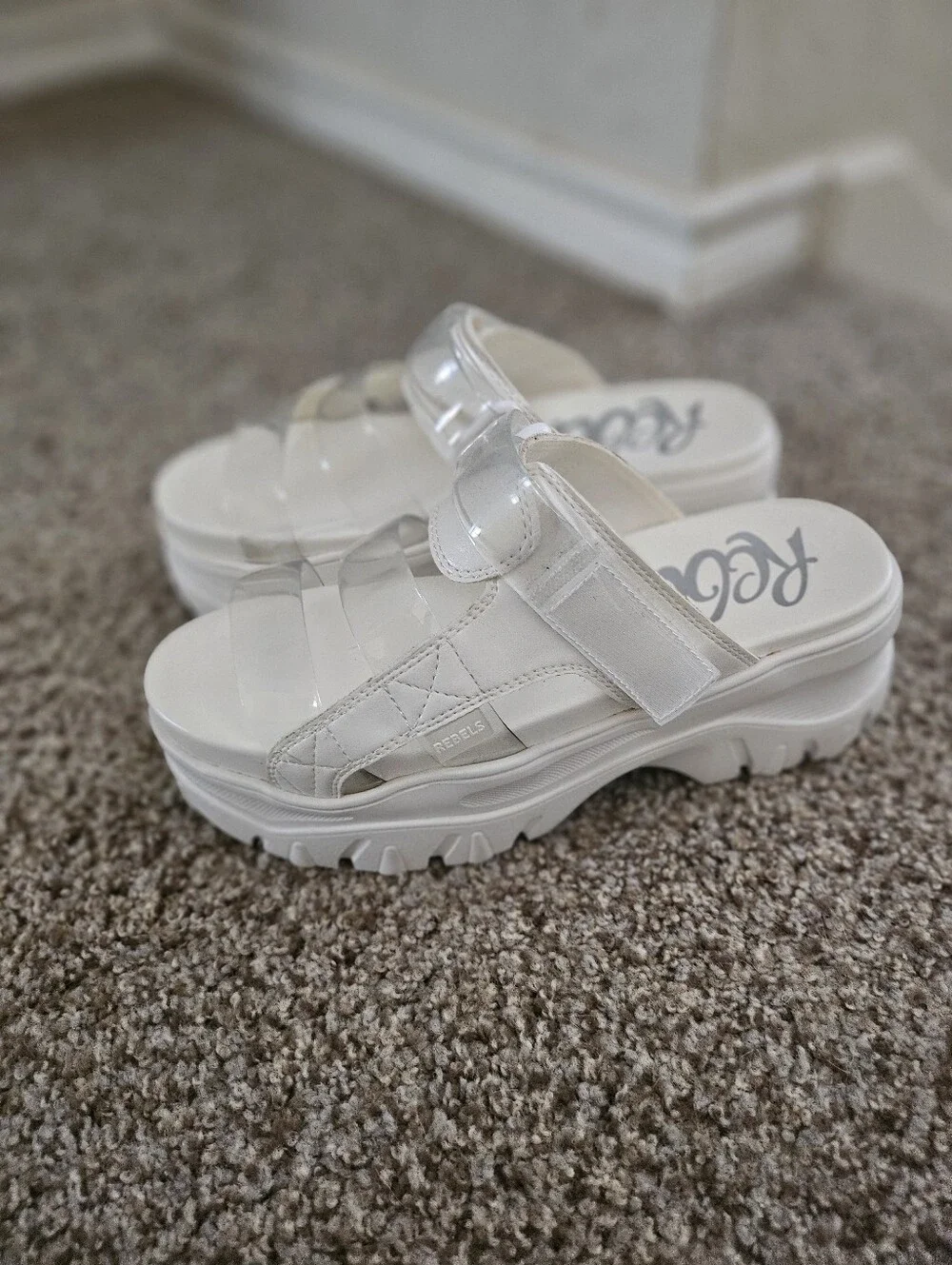 Rebels White Platform Wedge Slide Summer Sandals Adjustable Clear Straps 39 US 8